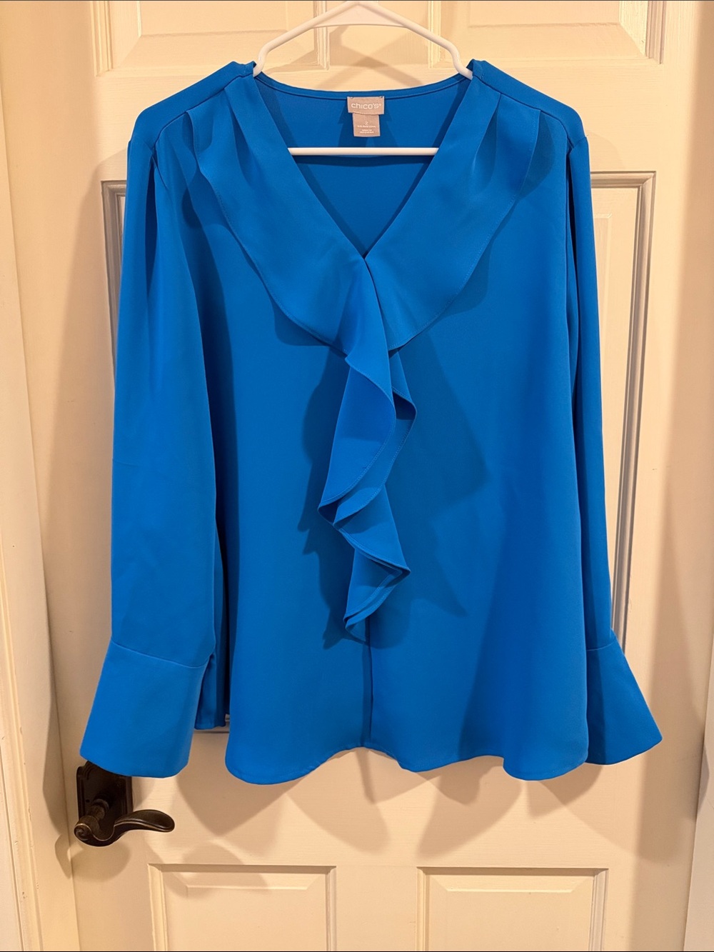 Chico's Cobalt Ruffle V-Neck Blouse, Size Large